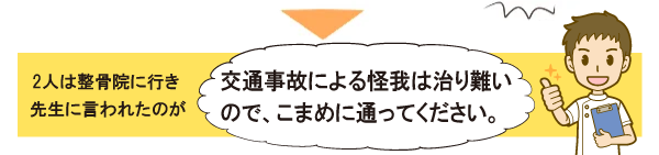 2人は整骨院に行き、先生に「交通事故によるケガは治りにくいので、こまめに通ってください。」と言われました。